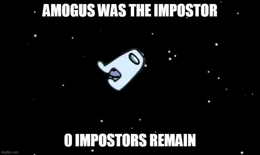 Among Us ejected | AMOGUS WAS THE IMPOSTOR; 0 IMPOSTORS REMAIN | image tagged in among us ejected | made w/ Imgflip meme maker