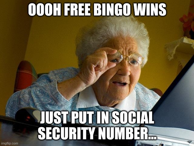 stoopid grammy | OOOH FREE BINGO WINS; JUST PUT IN SOCIAL SECURITY NUMBER... | image tagged in memes,grandma finds the internet | made w/ Imgflip meme maker