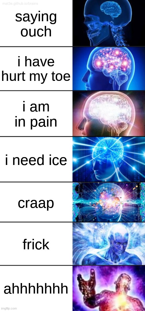 7-Tier Expanding Brain | saying ouch; i have hurt my toe; i am in pain; i need ice; craap; frick; ahhhhhhh | image tagged in 7-tier expanding brain | made w/ Imgflip meme maker