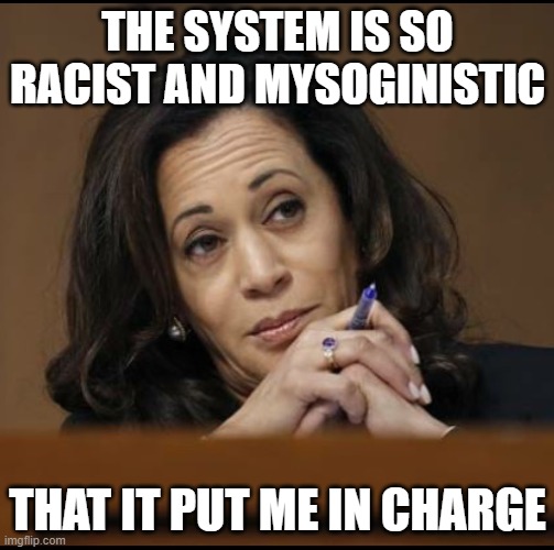 "kamala" is just another word for hypocrisy | THE SYSTEM IS SO RACIST AND MYSOGINISTIC; THAT IT PUT ME IN CHARGE | image tagged in kamala harris,racism,misoginy,hypocrisy,system | made w/ Imgflip meme maker