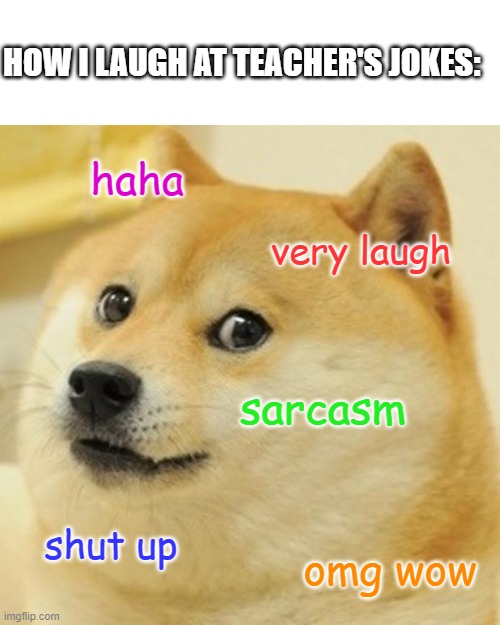 I like sarcasm. BTW guys - I'm starting a YT channel like now. I'm just gonna edit videos to post. | HOW I LAUGH AT TEACHER'S JOKES:; haha; very laugh; sarcasm; shut up; omg wow | image tagged in memes,doge | made w/ Imgflip meme maker