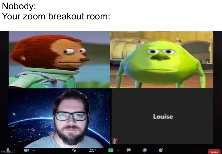 Zoom breakout rooms | Nobody:
Your zoom breakout room: | image tagged in zoom | made w/ Imgflip meme maker