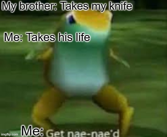 yep | My brother: Takes my knife; Me: Takes his life; Me: | image tagged in get nae-naed,memes,funny,dark | made w/ Imgflip meme maker