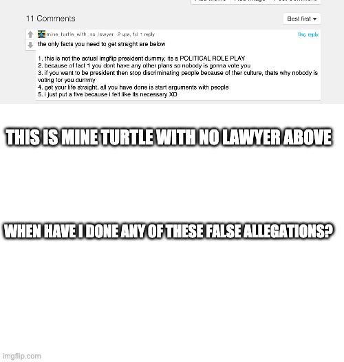 and he's just run away when i replied, freakin' coward. | THIS IS MINE TURTLE WITH NO LAWYER ABOVE; WHEN HAVE I DONE ANY OF THESE FALSE ALLEGATIONS? | image tagged in blank white template | made w/ Imgflip meme maker