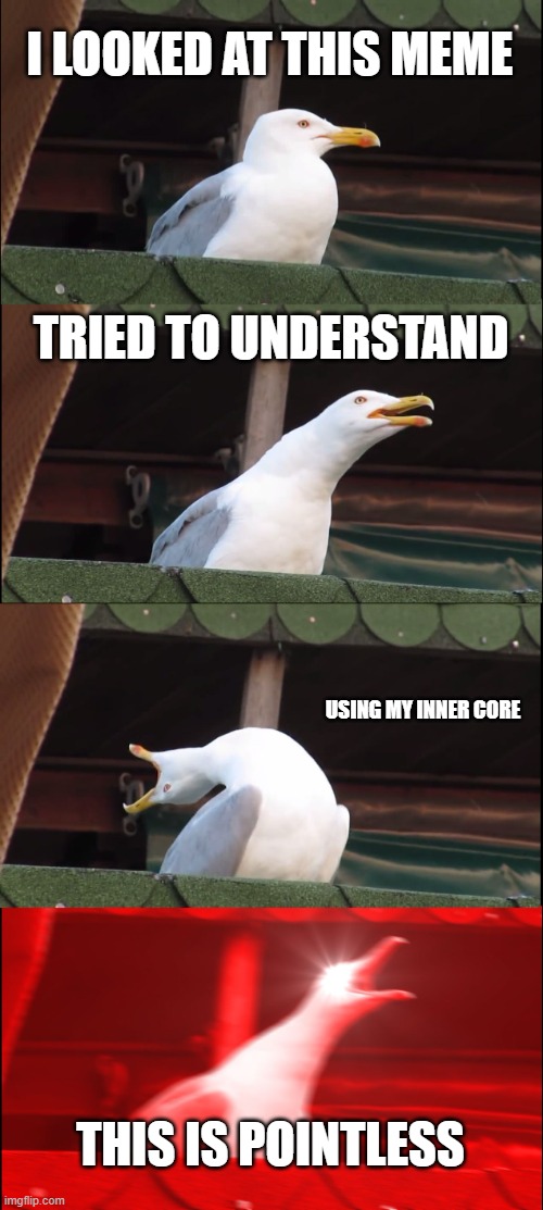 Inhaling Seagull Meme | I LOOKED AT THIS MEME TRIED TO UNDERSTAND USING MY INNER CORE THIS IS POINTLESS | image tagged in memes,inhaling seagull | made w/ Imgflip meme maker