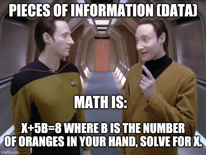 data lore | PIECES OF INFORMATION (DATA) X+5B=8 WHERE B IS THE NUMBER OF ORANGES IN YOUR HAND, SOLVE FOR X. MATH IS: | image tagged in data lore | made w/ Imgflip meme maker