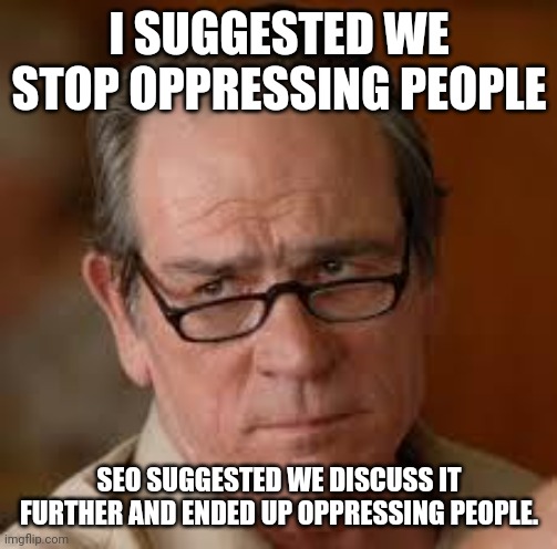 my face when someone asks a stupid question | I SUGGESTED WE STOP OPPRESSING PEOPLE SEO SUGGESTED WE DISCUSS IT FURTHER AND ENDED UP OPPRESSING PEOPLE. | image tagged in my face when someone asks a stupid question | made w/ Imgflip meme maker
