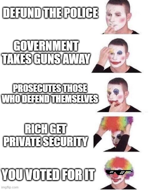 DEFUND THE POLICE; GOVERNMENT TAKES GUNS AWAY; PROSECUTES THOSE WHO DEFEND THEMSELVES; RICH GET PRIVATE SECURITY; YOU VOTED FOR IT | made w/ Imgflip meme maker