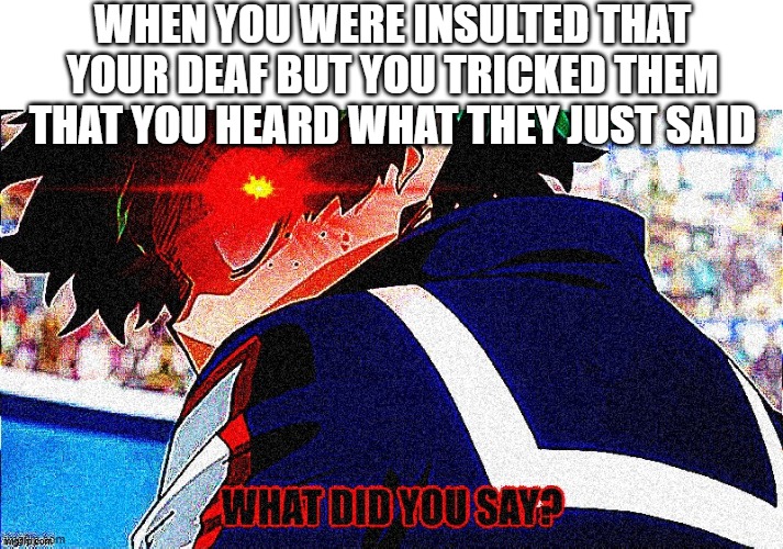 Deku what you say extreme | WHEN YOU WERE INSULTED THAT YOUR DEAF BUT YOU TRICKED THEM THAT YOU HEARD WHAT THEY JUST SAID | image tagged in deku what you say extreme | made w/ Imgflip meme maker