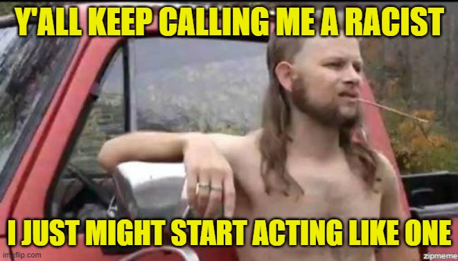 A self-fulfilling prophecy | Y'ALL KEEP CALLING ME A RACIST; I JUST MIGHT START ACTING LIKE ONE | image tagged in almost politically correct redneck,systemic stupidity | made w/ Imgflip meme maker