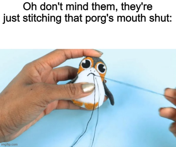 Oh don't mind them, they're just stitching that porg's mouth shut: | image tagged in porg | made w/ Imgflip meme maker