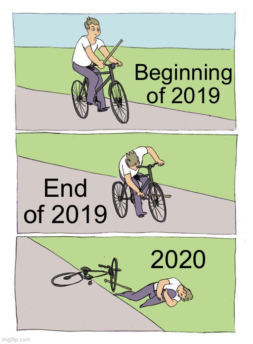Sorry, but it is true guys | Beginning of 2019; End of 2019; 2020 | image tagged in memes,bike fall | made w/ Imgflip meme maker