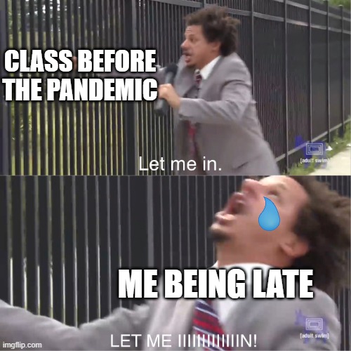 CLASS BEFORE PANDEMIC VS PRE-CORONA ME |  CLASS BEFORE THE PANDEMIC; ME BEING LATE | image tagged in let me in,memes,help me | made w/ Imgflip meme maker