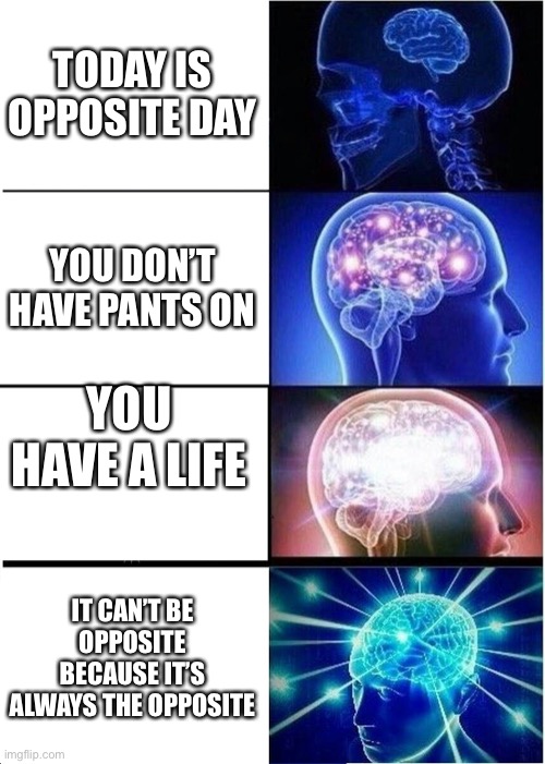 Expanding Brain | TODAY IS OPPOSITE DAY; YOU DON’T HAVE PANTS ON; YOU HAVE A LIFE; IT CAN’T BE OPPOSITE BECAUSE IT’S ALWAYS THE OPPOSITE | image tagged in memes,expanding brain | made w/ Imgflip meme maker
