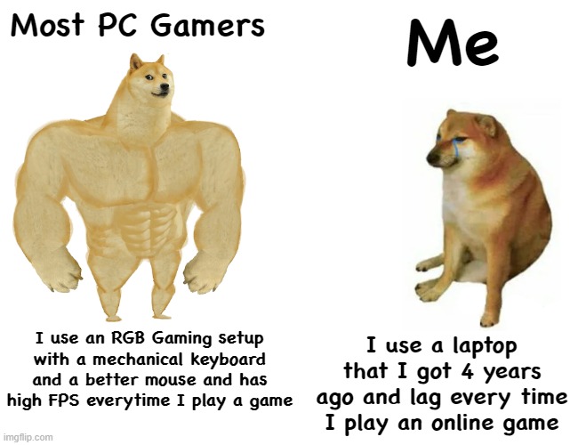 Buff Doge vs. Cheems | Most PC Gamers; Me; I use an RGB Gaming setup with a mechanical keyboard and a better mouse and has high FPS everytime I play a game; I use a laptop that I got 4 years ago and lag every time I play an online game | image tagged in memes,buff doge vs cheems | made w/ Imgflip meme maker