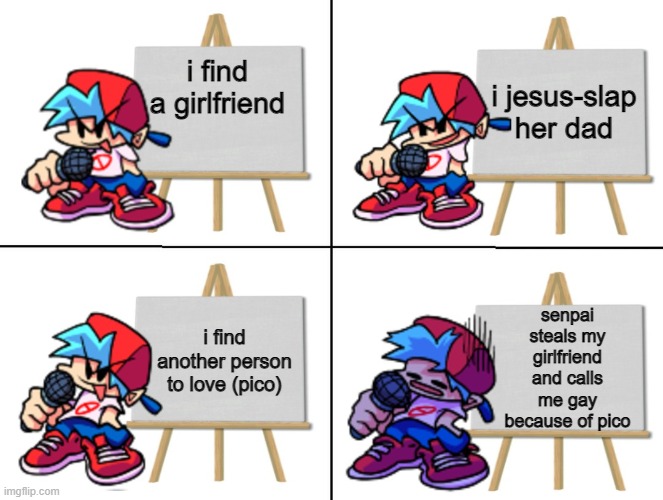 beeeeeeeeeeeeeeeeeeeeeeeeeeeeeeeeeeeeeeeeep | i jesus-slap her dad; i find a girlfriend; senpai steals my girlfriend and calls me gay because of pico; i find another person to love (pico) | image tagged in the bf's plan | made w/ Imgflip meme maker