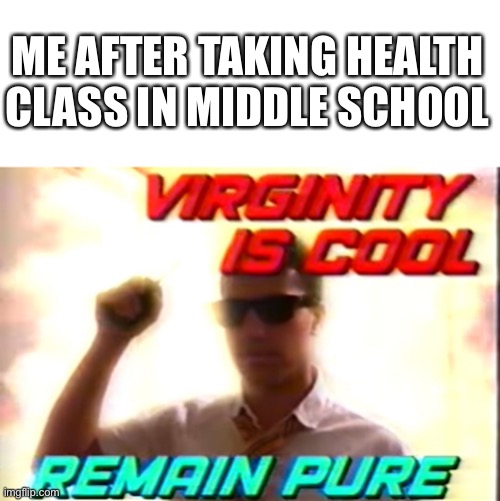 Virginity is cool | ME AFTER TAKING HEALTH CLASS IN MIDDLE SCHOOL | image tagged in virginity is cool,school,memes,relatable | made w/ Imgflip meme maker