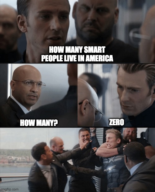 Im not smart | HOW MANY SMART PEOPLE LIVE IN AMERICA; HOW MANY? ZERO | image tagged in captain america elevator fight | made w/ Imgflip meme maker