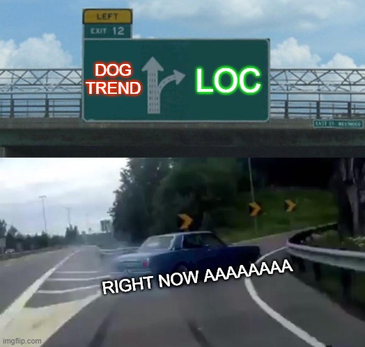 Left Exit 12 Off Ramp Meme | DOG TREND; LOC; RIGHT NOW AAAAAAAA | image tagged in memes,left exit 12 off ramp | made w/ Imgflip meme maker