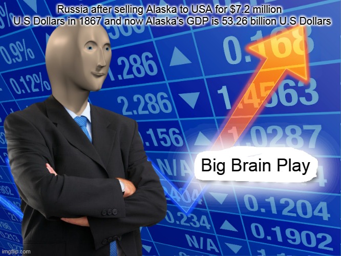 Russian Big Brain | Russia after selling Alaska to USA for $7.2 million 
 U.S Dollars in 1867 and now Alaska's GDP is 53.26 billion U.S Dollars; Big Brain Play | image tagged in empty stonks | made w/ Imgflip meme maker