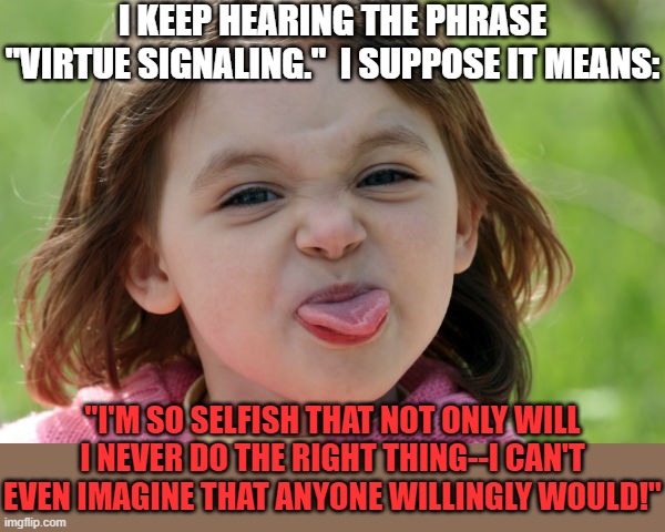 Sad...so sad. | I KEEP HEARING THE PHRASE "VIRTUE SIGNALING."  I SUPPOSE IT MEANS:; "I'M SO SELFISH THAT NOT ONLY WILL I NEVER DO THE RIGHT THING--I CAN'T EVEN IMAGINE THAT ANYONE WILLINGLY WOULD!" | image tagged in bratty kid tongue out razz raspberry,conservative logic,selfishness | made w/ Imgflip meme maker