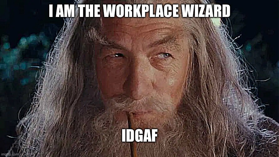 Gandalf | I AM THE WORKPLACE WIZARD; IDGAF | image tagged in work,gandalf | made w/ Imgflip meme maker