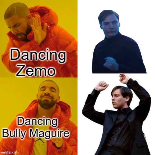 Bully Maguire dance off | Dancing Zemo; Dancing Bully Maguire | image tagged in spiderman,marvel,dancing,dank memes,spicy memes | made w/ Imgflip meme maker