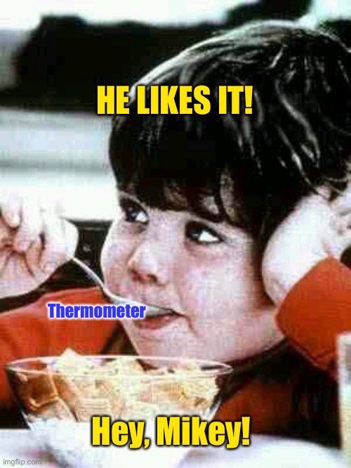 Life cereal mikey | Hey, Mikey! HE LIKES IT! Thermometer | image tagged in life cereal mikey | made w/ Imgflip meme maker