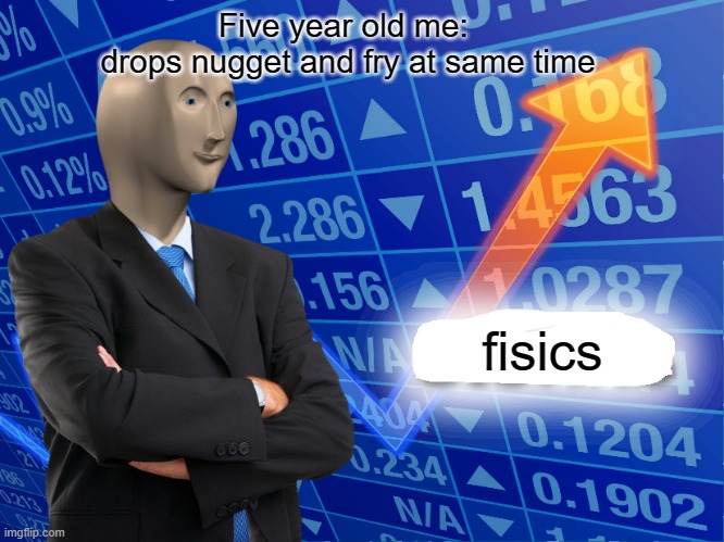 fisics |  Five year old me: 
drops nugget and fry at same time; fisics | image tagged in empty stonks,fisics,nuggets | made w/ Imgflip meme maker