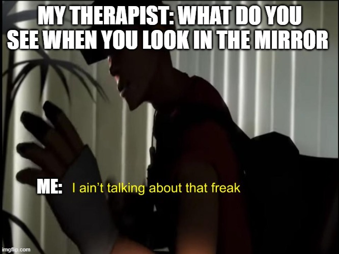 no way | MY THERAPIST: WHAT DO YOU SEE WHEN YOU LOOK IN THE MIRROR; ME: | image tagged in i aint talking about that freak,tf2 | made w/ Imgflip meme maker