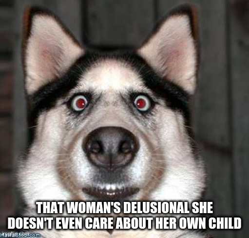 Scared Dog | THAT WOMAN'S DELUSIONAL SHE DOESN'T EVEN CARE ABOUT HER OWN CHILD | image tagged in scared dog | made w/ Imgflip meme maker