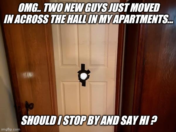 Please tell me ! | OMG.. TWO NEW GUYS JUST MOVED IN ACROSS THE HALL IN MY APARTMENTS... SHOULD I STOP BY AND SAY HI ? | image tagged in jeffrey | made w/ Imgflip meme maker