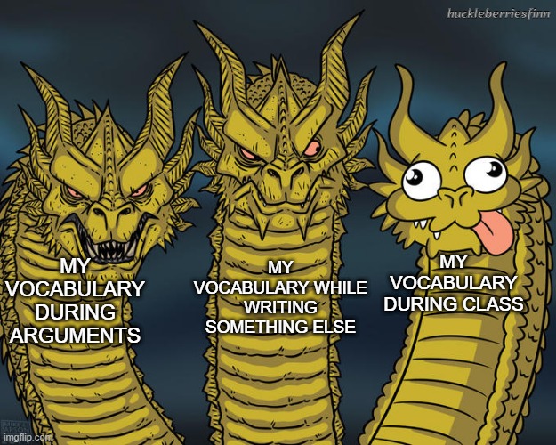 Three-headed Dragon | huckleberriesfinn; MY VOCABULARY DURING CLASS; MY VOCABULARY DURING ARGUMENTS; MY VOCABULARY WHILE WRITING SOMETHING ELSE | image tagged in three-headed dragon | made w/ Imgflip meme maker