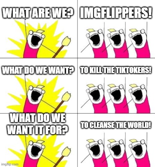 To cleanse the world, let's KILL THE TIKTOKERS! | WHAT ARE WE? IMGFLIPPERS! WHAT DO WE WANT? TO KILL THE TIKTOKERS! WHAT DO WE WANT IT FOR? TO CLEANSE THE WORLD! | image tagged in memes,what do we want 3 | made w/ Imgflip meme maker