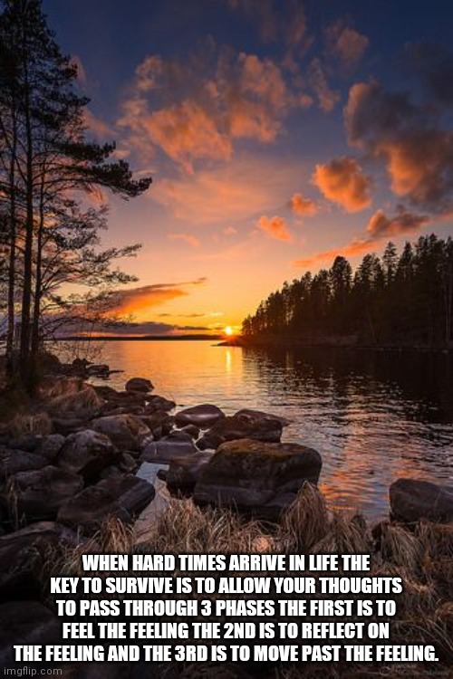 WHEN HARD TIMES ARRIVE IN LIFE THE KEY TO SURVIVE IS TO ALLOW YOUR THOUGHTS TO PASS THROUGH 3 PHASES THE FIRST IS TO FEEL THE FEELING THE 2ND IS TO REFLECT ON THE FEELING AND THE 3RD IS TO MOVE PAST THE FEELING. | made w/ Imgflip meme maker