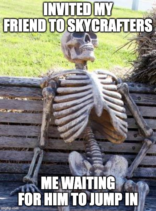 Waiting Skeleton Meme | INVITED MY FRIEND TO SKYCRAFTERS; ME WAITING FOR HIM TO JUMP IN | image tagged in memes,waiting skeleton | made w/ Imgflip meme maker