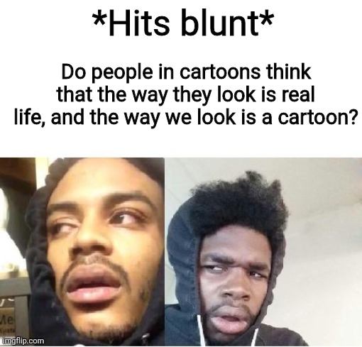 My brain, uuuggghhh | *Hits blunt*; Do people in cartoons think that the way they look is real life, and the way we look is a cartoon? | image tagged in hits blunt,memes,cartoon,my brain | made w/ Imgflip meme maker