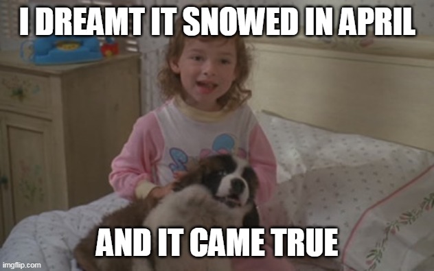 I dreamt it snowed in April, and it came true | I DREAMT IT SNOWED IN APRIL; AND IT CAME TRUE | image tagged in and it came true,memes,april,snow | made w/ Imgflip meme maker
