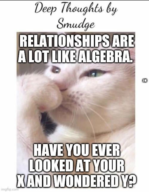 Smudge | RELATIONSHIPS ARE A LOT LIKE ALGEBRA. J M; HAVE YOU EVER LOOKED AT YOUR X AND WONDERED Y? | image tagged in smudge | made w/ Imgflip meme maker
