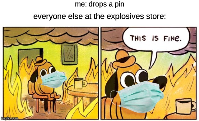 *BOOM* | me: drops a pin; everyone else at the explosives store: | image tagged in memes,this is fine | made w/ Imgflip meme maker