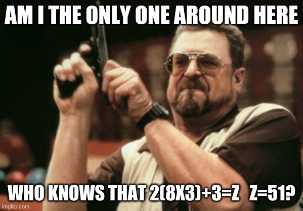 well this is what you get when you go to 5th grade | AM I THE ONLY ONE AROUND HERE; WHO KNOWS THAT 2(8X3)+3=Z   Z=51? | image tagged in memes,am i the only one around here,funny,math,guy with gun | made w/ Imgflip meme maker