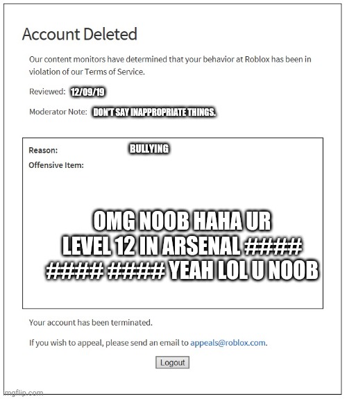 Banned From Roblox Imgflip - roblox banned for bullying