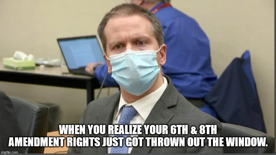 12 terrified people voted to protect their lives. | WHEN YOU REALIZE YOUR 6TH & 8TH AMENDMENT RIGHTS JUST GOT THROWN OUT THE WINDOW. | image tagged in chauvin,unfair,trial,kangaroo,court | made w/ Imgflip meme maker