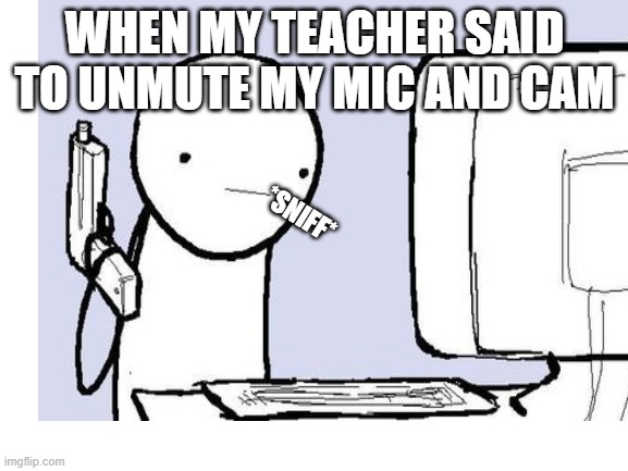 online school | WHEN MY TEACHER SAID TO UNMUTE MY MIC AND CAM; *SNIFF* | image tagged in relatable,gun | made w/ Imgflip meme maker