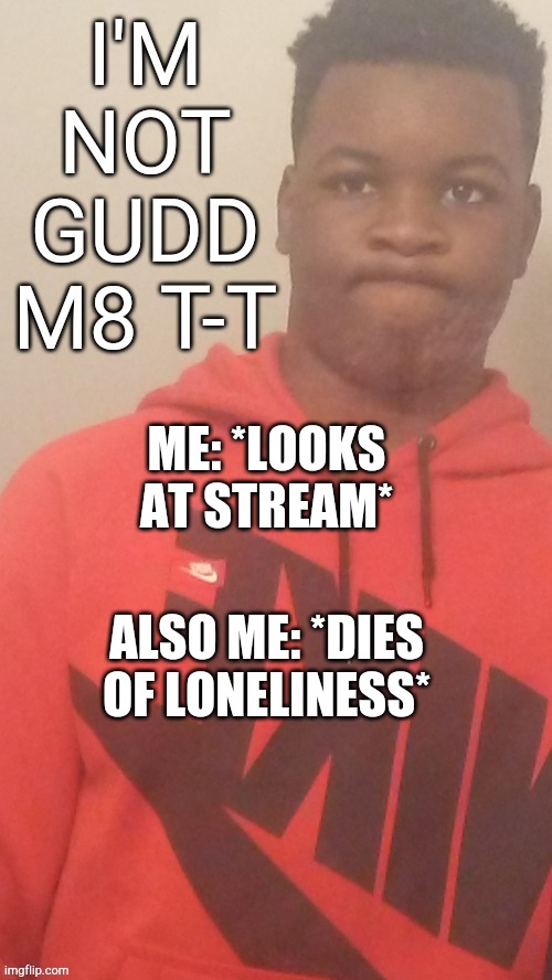 ￦ [-] ¥ (mod note: its not ok ) | ME: *LOOKS AT STREAM*; ALSO ME: *DIES OF LONELINESS* | image tagged in im not gudd m8 t-t | made w/ Imgflip meme maker