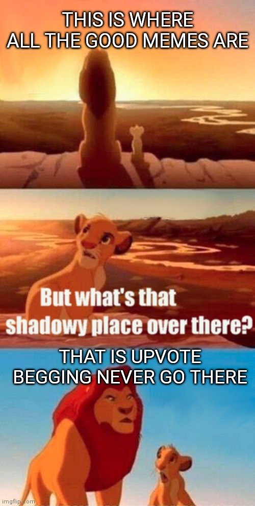 Simba Shadowy Place Meme | THIS IS WHERE ALL THE GOOD MEMES ARE THAT IS UPVOTE BEGGING NEVER GO THERE | image tagged in memes,simba shadowy place | made w/ Imgflip meme maker