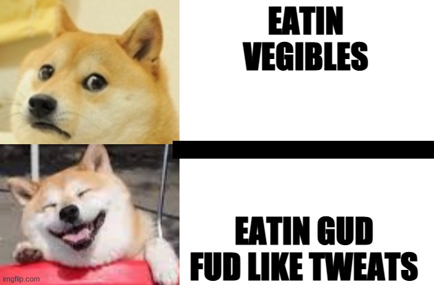 Doggo Hotline Bing | EATIN VEGIBLES; EATIN GUD FUD LIKE TWEATS | image tagged in doggo hotline bing | made w/ Imgflip meme maker