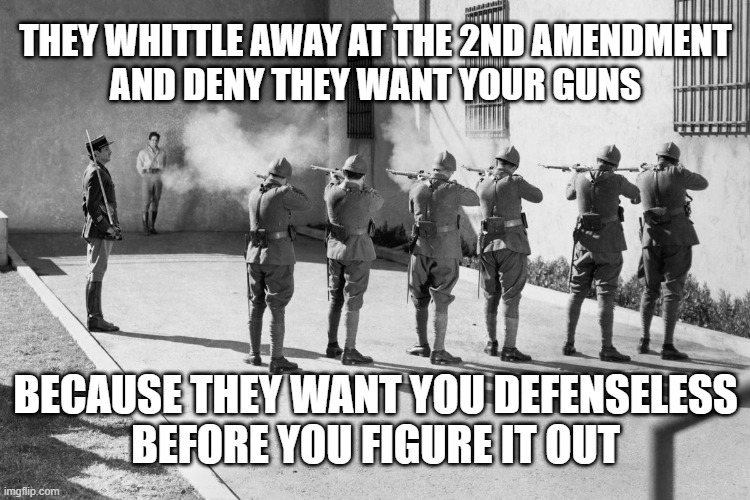 The Liars Actually Do Want Your Guns | THEY WHITTLE AWAY AT THE 2ND AMENDMENT
AND DENY THEY WANT YOUR GUNS; BECAUSE THEY WANT YOU DEFENSELESS
BEFORE YOU FIGURE IT OUT | image tagged in firing squad | made w/ Imgflip meme maker
