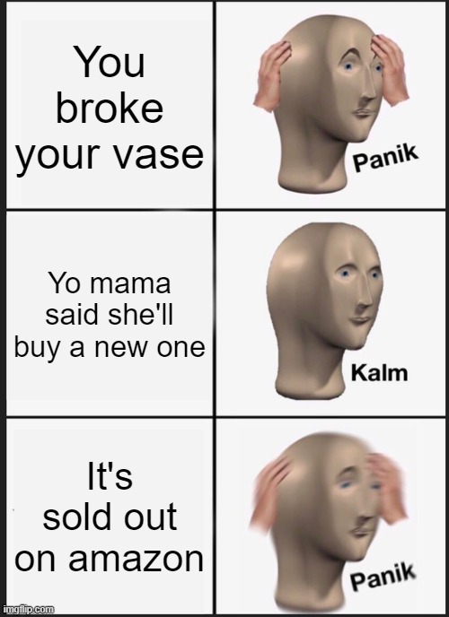 Panik Kalm Panik Meme | You broke your vase; Yo mama said she'll buy a new one; It's sold out on amazon | image tagged in memes,panik kalm panik | made w/ Imgflip meme maker