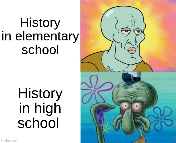 Ight imma just watch OverSimplified | History in elementary school; History in high school | image tagged in blank white template,memes,squidward | made w/ Imgflip meme maker